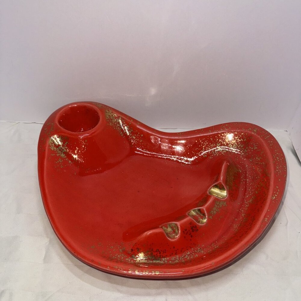 Large sputnik atomic MCM boomerang cigar ashtray orange gold california pottery